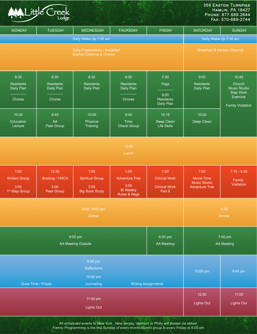 Little Creek Lodge Treatment Program Schedule